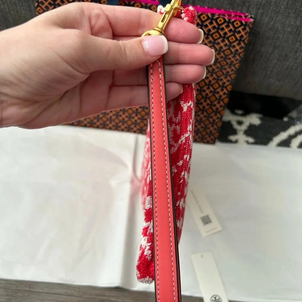 Tory Burch T Monogram Terry Pouch Wristlet Strawberry Red White Gold